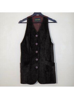 Danier Suede Front Vest S Khaki Green Brown Pockes Buttons Long Line Grunge Boho